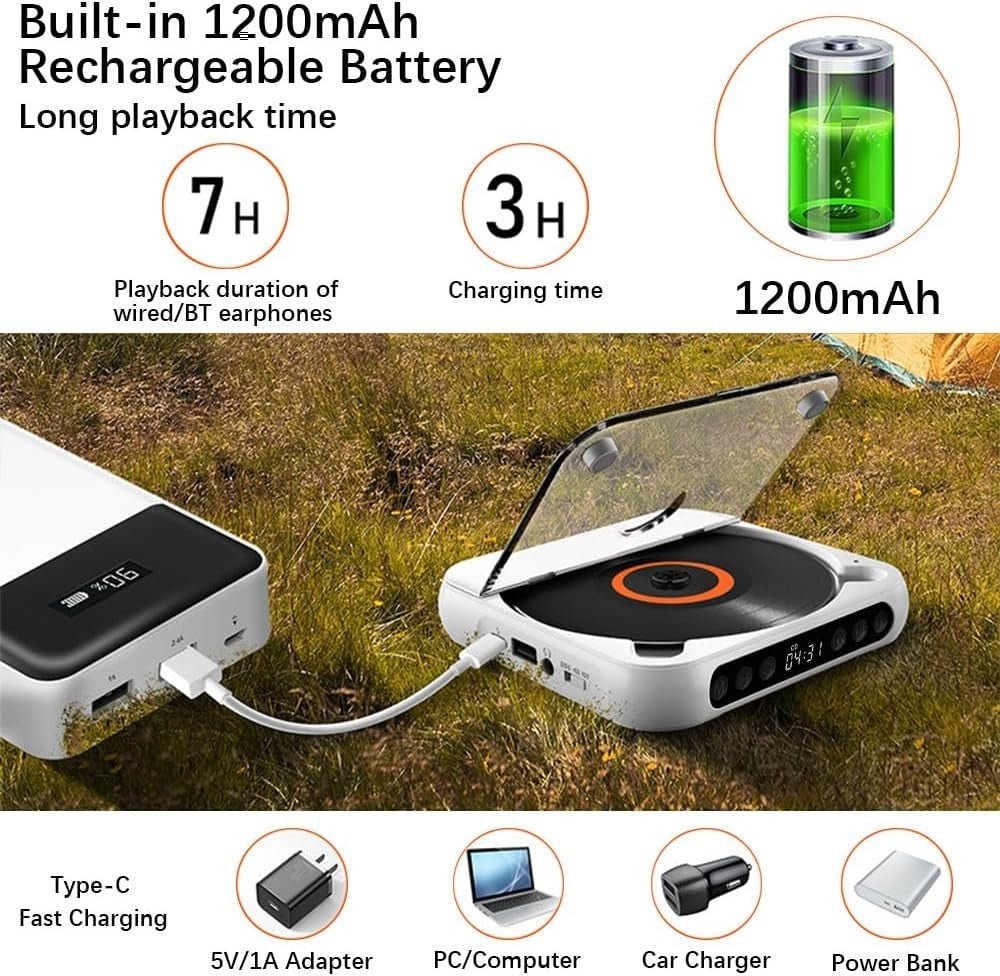 Portable CD Player Bluetooth USB TF A - B Repeat Timer Remote White - Kwikley