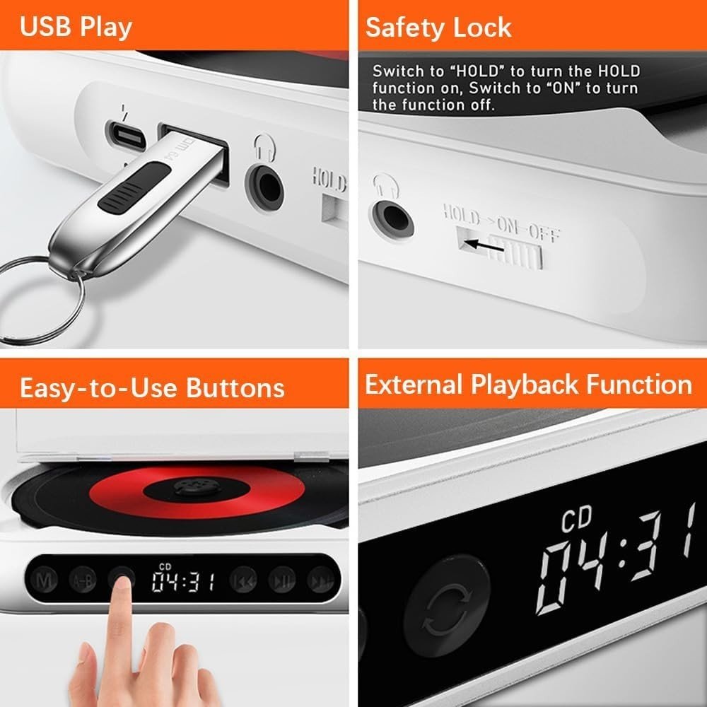 Portable CD Player Bluetooth USB TF A - B Repeat Timer Remote White - Kwikley