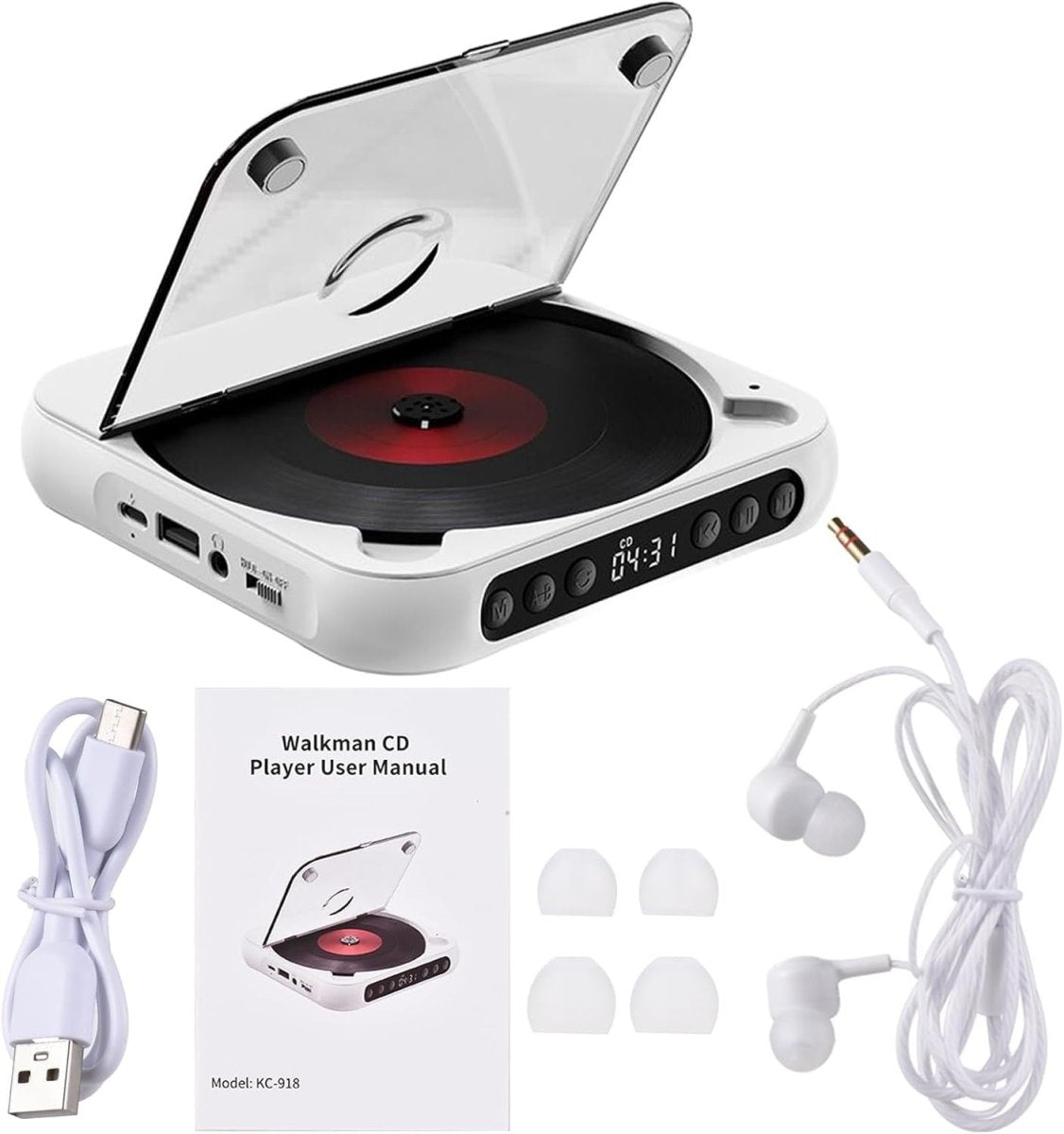 Portable CD Player Bluetooth USB TF A - B Repeat Timer Remote White - Kwikley