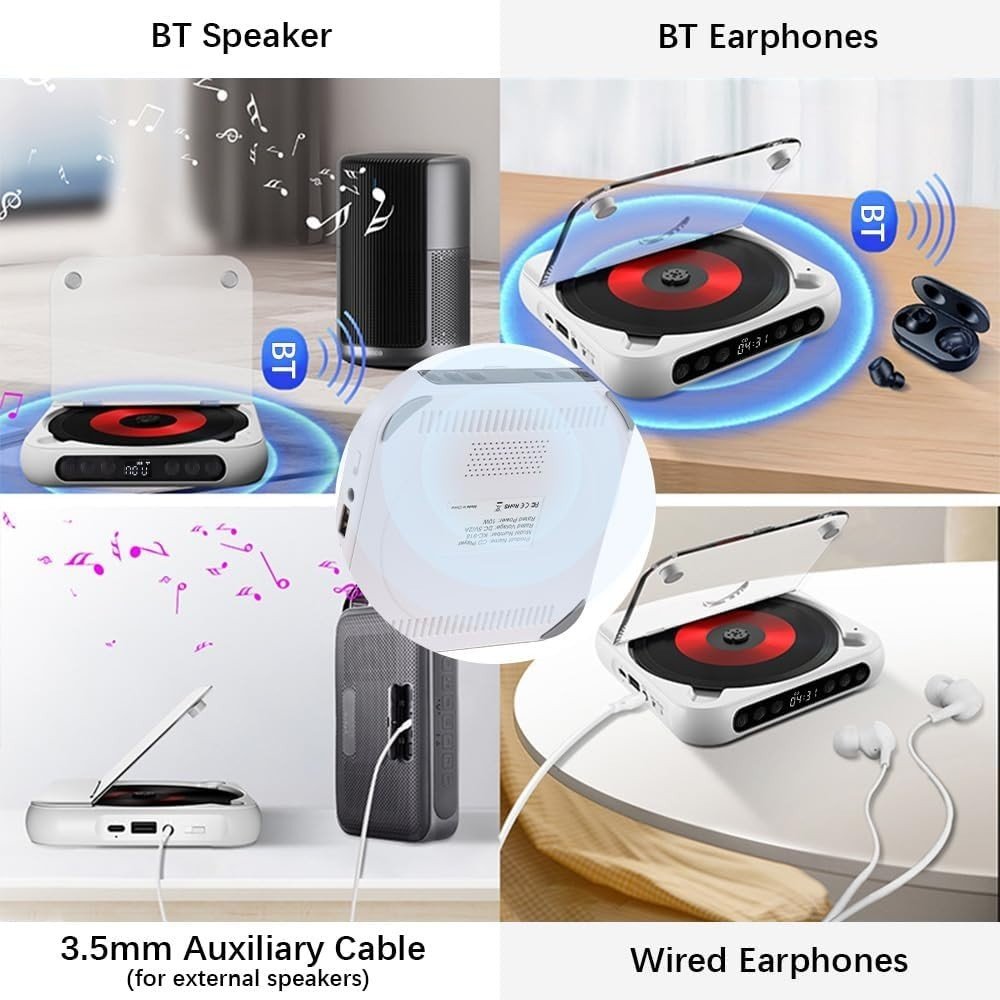 Portable CD Player Bluetooth USB TF A - B Repeat Timer Remote White - Kwikley