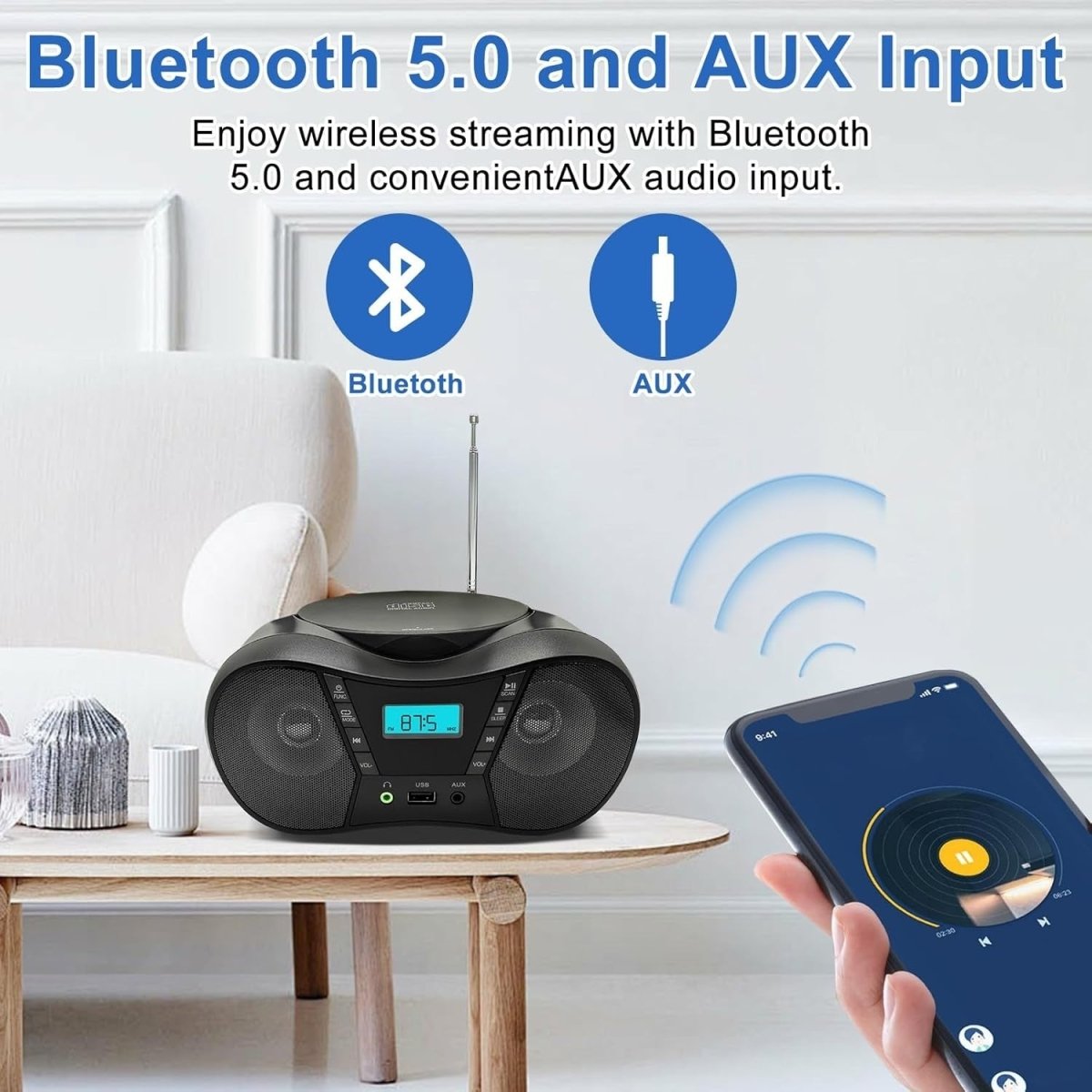 Portable CD Player Boombox Bluetooth FM Radio USB AUX Headphone Jack - Kwikley