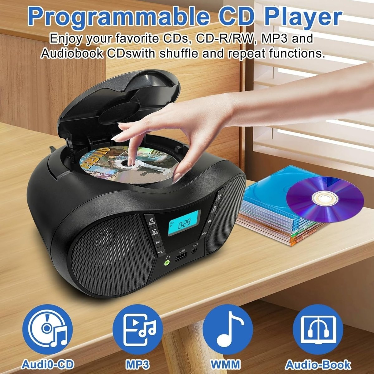 Portable CD Player Boombox Bluetooth FM Radio USB AUX Headphone Jack - Kwikley