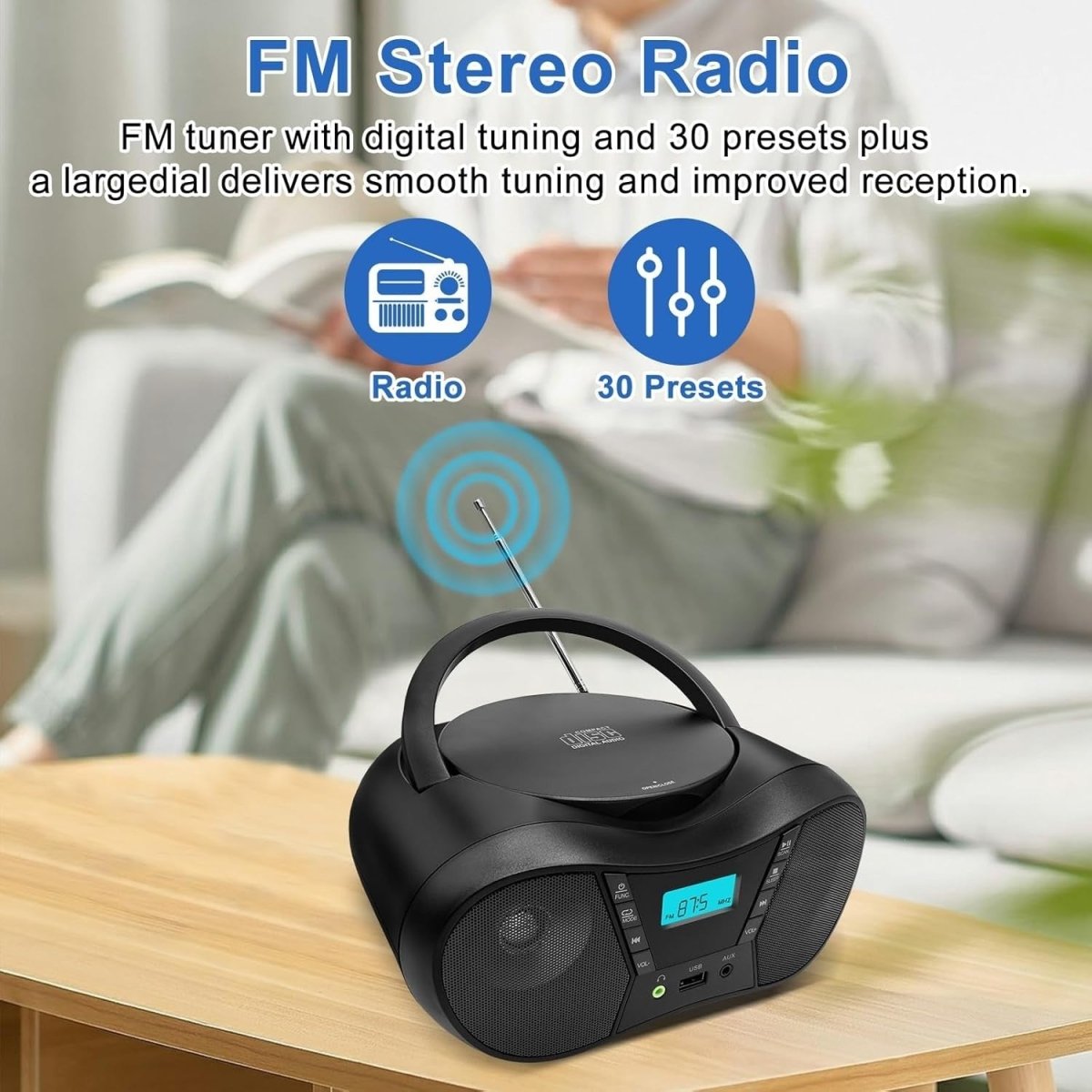 Portable CD Player Boombox Bluetooth FM Radio USB AUX Headphone Jack - Kwikley