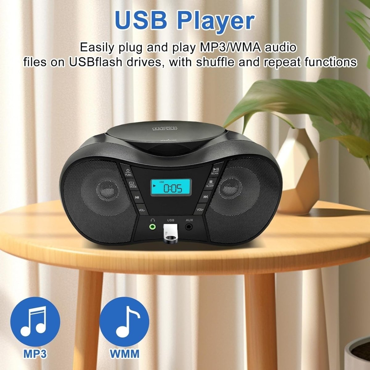 Portable CD Player Boombox Bluetooth FM Radio USB AUX Headphone Jack - Kwikley