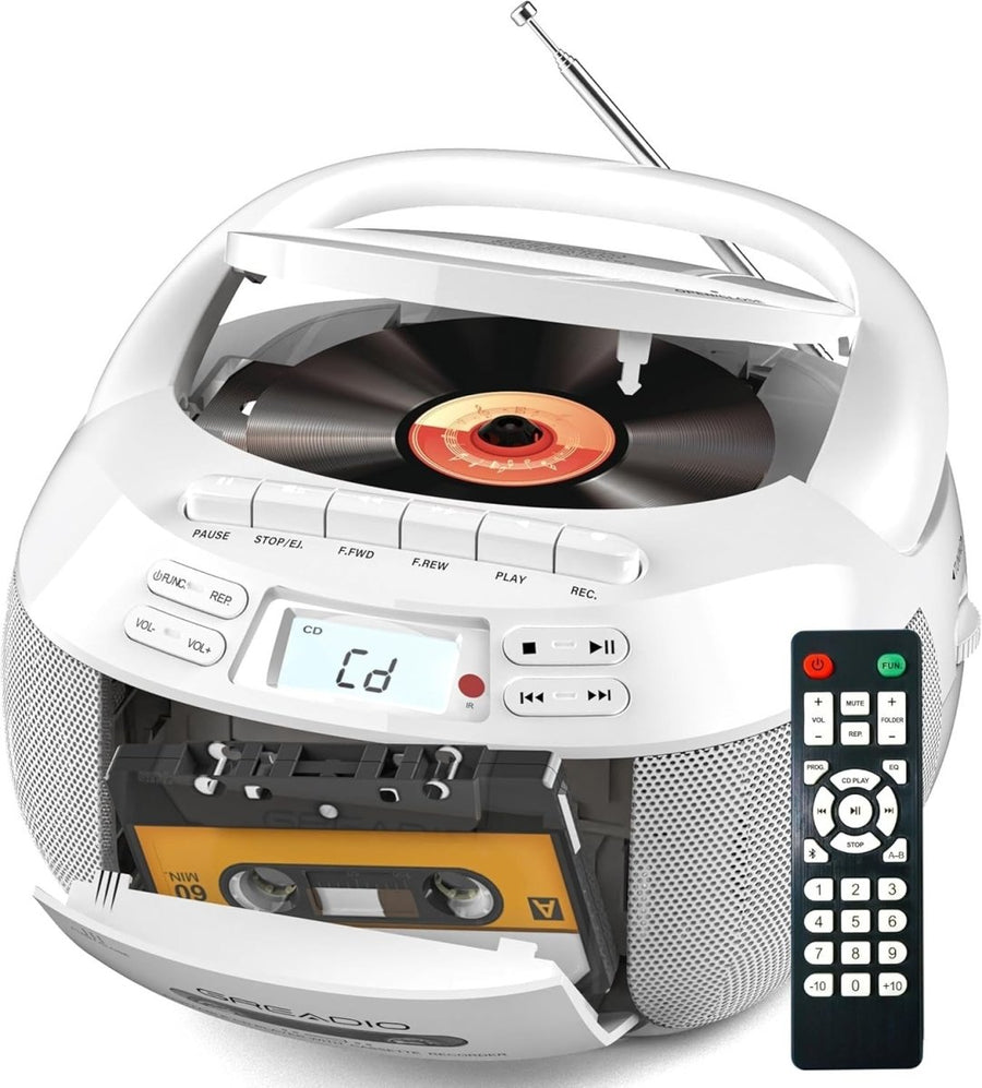 Portable CD Player Boombox Cassette Bluetooth FM USB Remote - Kwikley