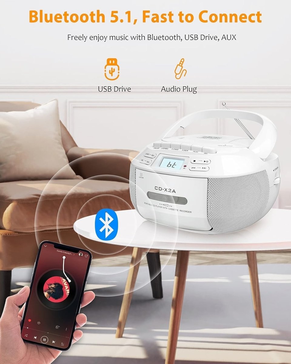 Portable CD Player Boombox Cassette Bluetooth FM USB Remote - Kwikley