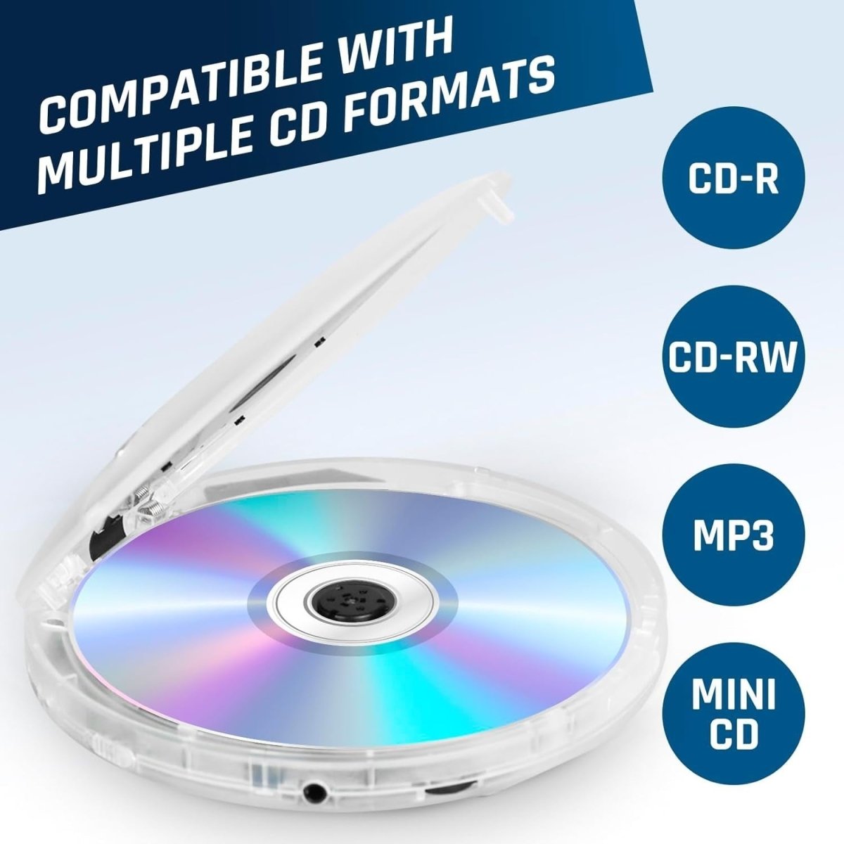 Portable CD Player Discman Clear White Anti - Skip Rechargeable Headphones - Kwikley