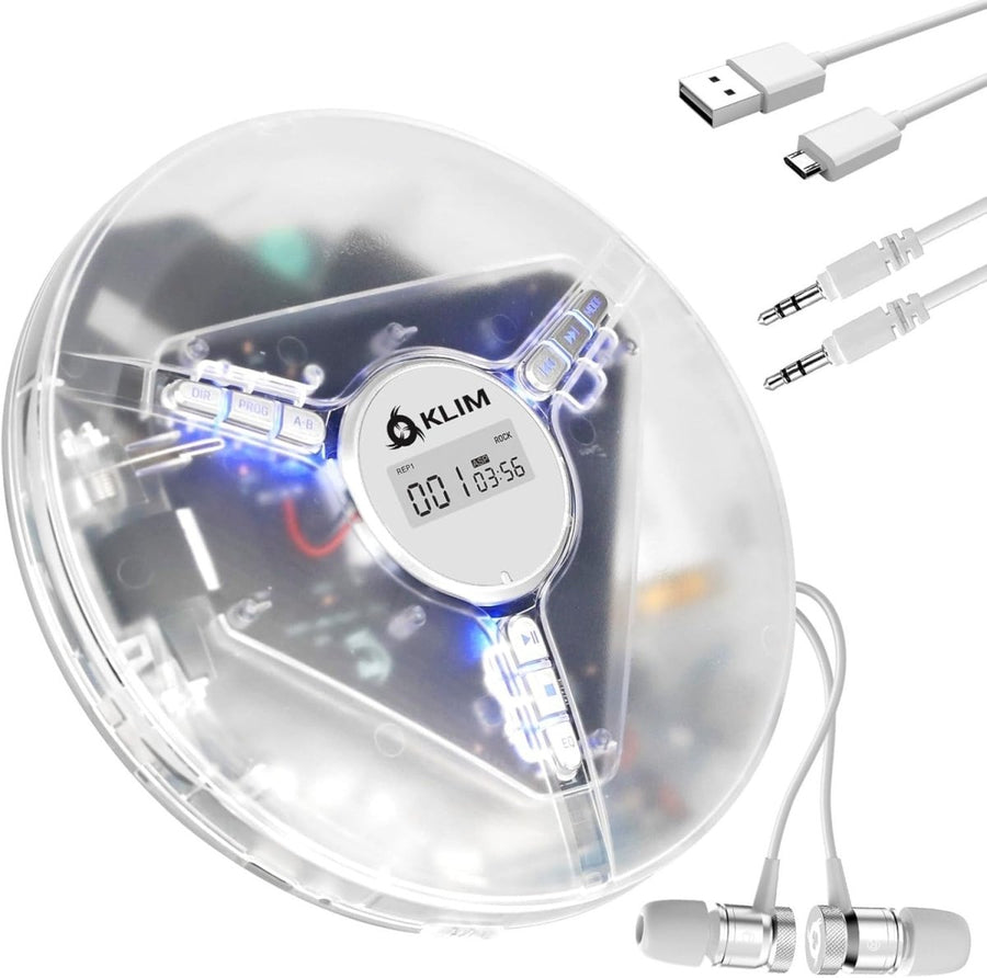 Portable CD Player Discman Clear White Anti - Skip Rechargeable Headphones - Kwikley