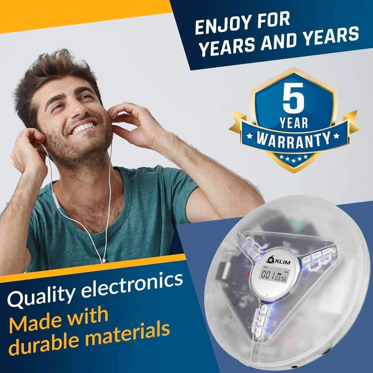 Portable CD Player Discman Clear White Anti - Skip Rechargeable Headphones - Kwikley