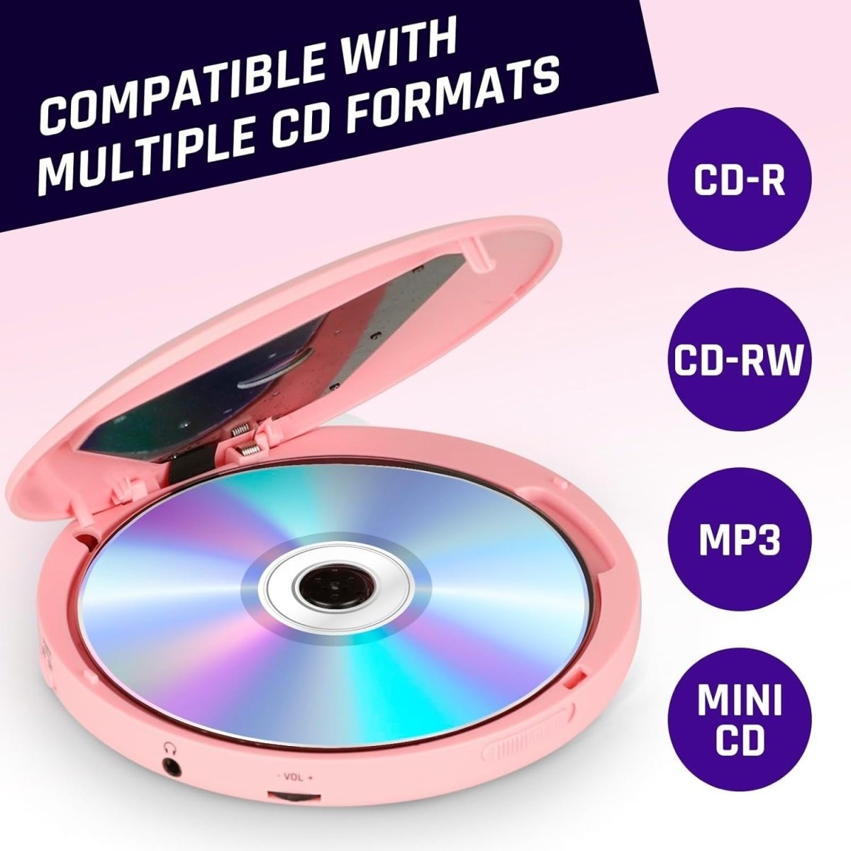 Portable CD Player Discman Pink with Headphones Anti - Skip Rechargeable - Kwikley