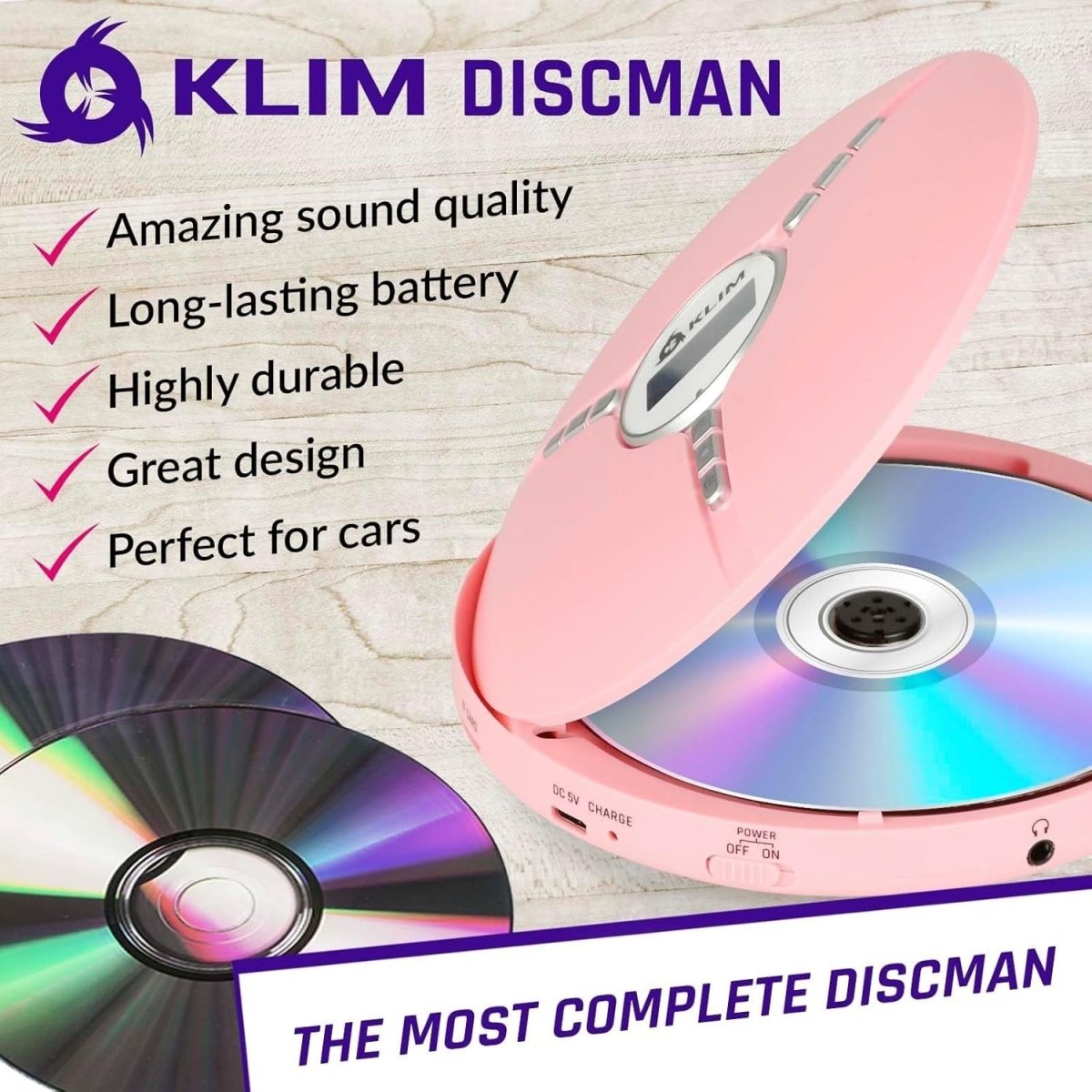 Portable CD Player Discman Pink with Headphones Anti - Skip Rechargeable - Kwikley