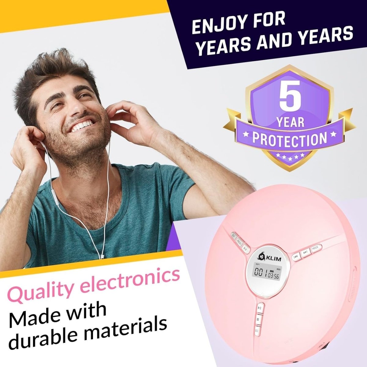 Portable CD Player Discman Pink with Headphones Anti - Skip Rechargeable - Kwikley