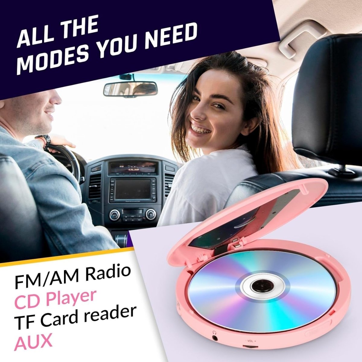 Portable CD Player Discman Pink with Headphones Anti - Skip Rechargeable - Kwikley