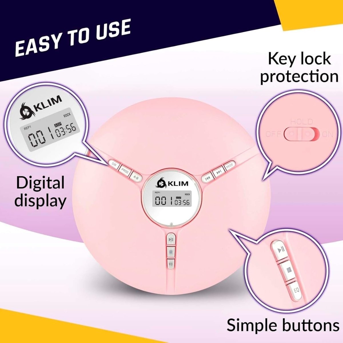 Portable CD Player Discman Pink with Headphones Anti - Skip Rechargeable - Kwikley