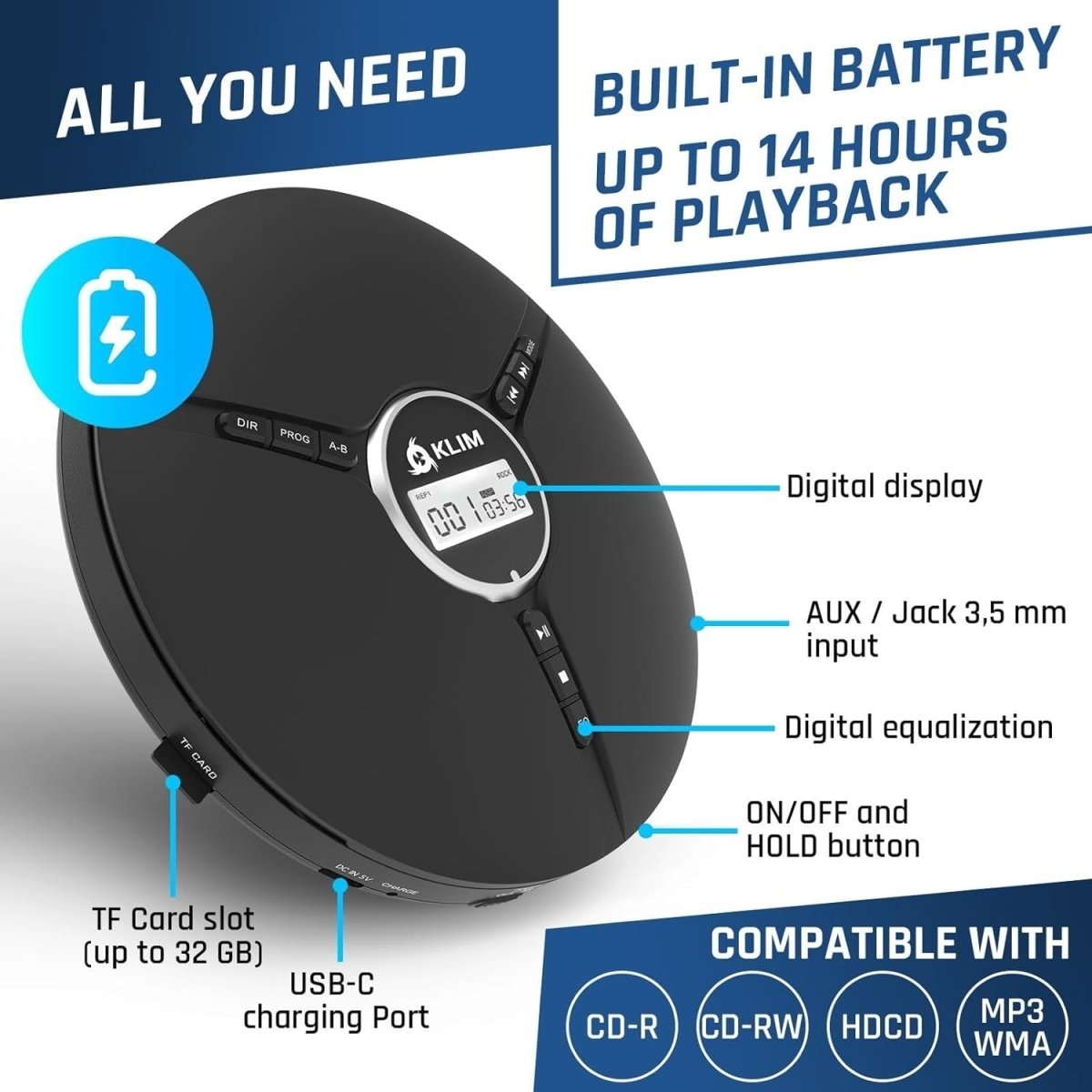 Portable CD Player Discman Rechargeable Anti - Skip w/ Headphones Black - Kwikley