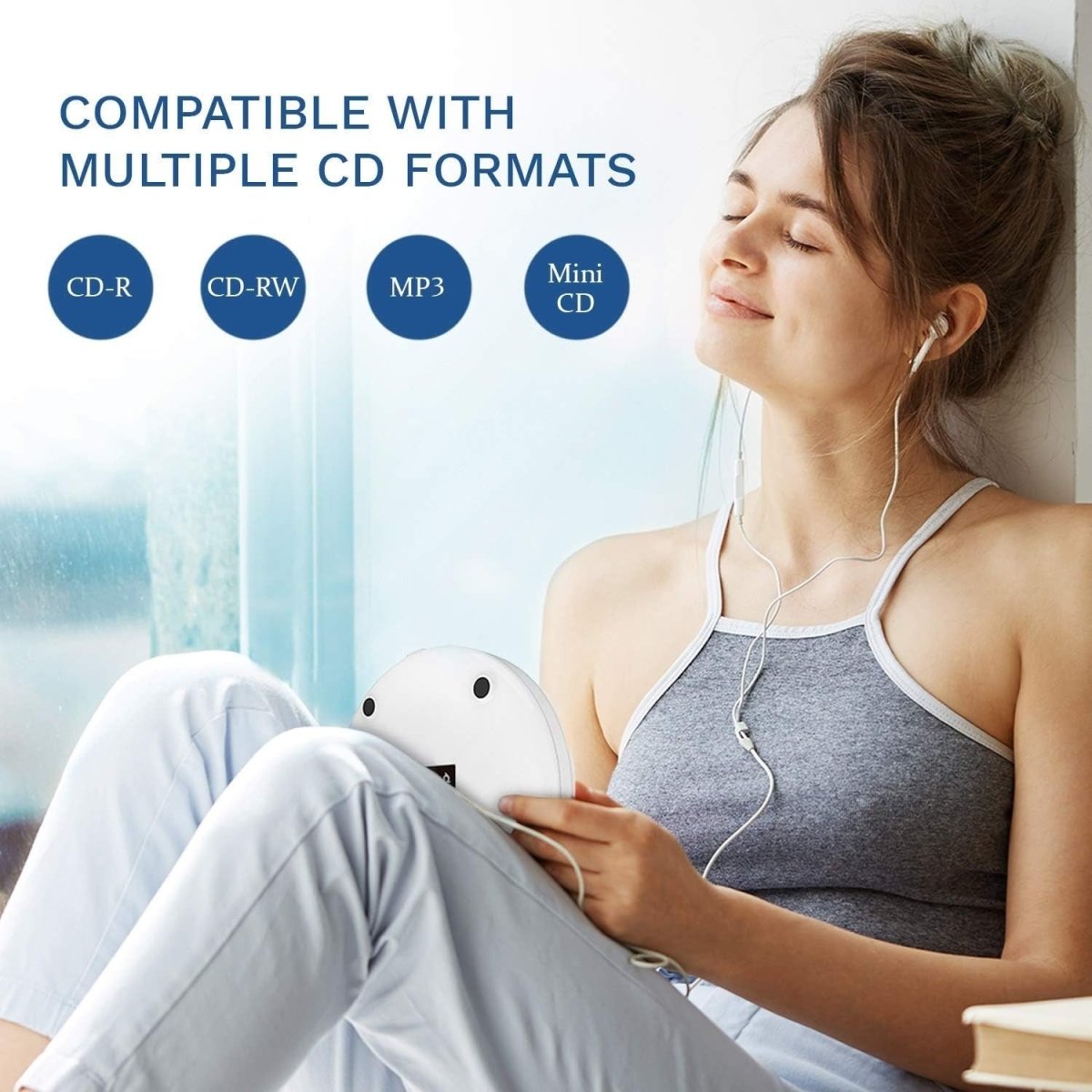 Portable CD Player Discman White Anti - Skip Rechargeable w/ Headphones - Kwikley