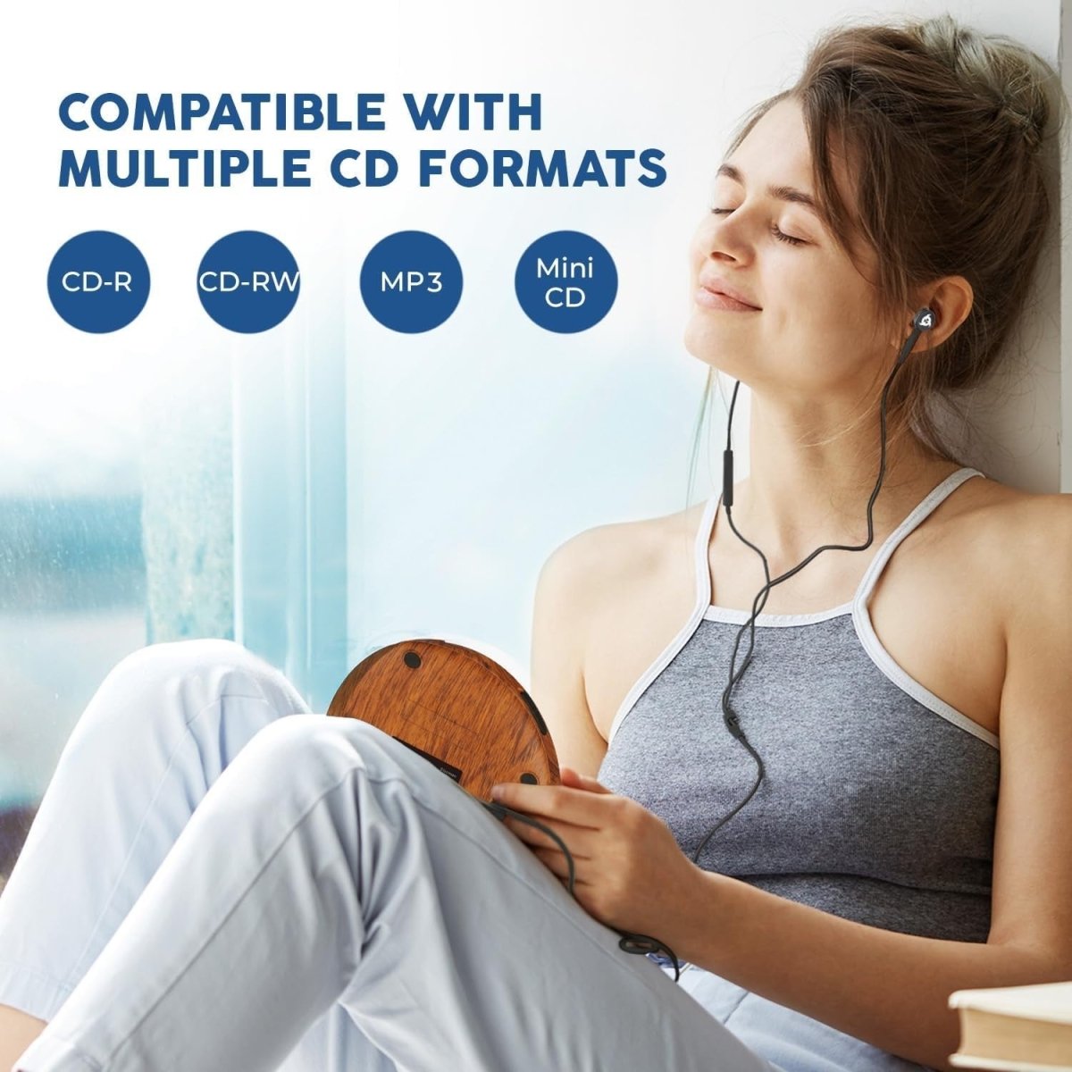 Portable CD Player Discman Wood Rechargeable Anti - Skip w/ Headphones - Kwikley