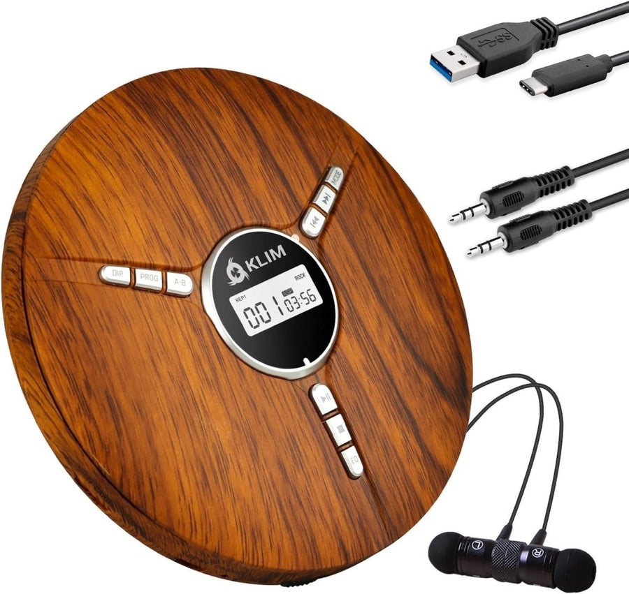 Portable CD Player Discman Wood Rechargeable Anti - Skip w/ Headphones - Kwikley