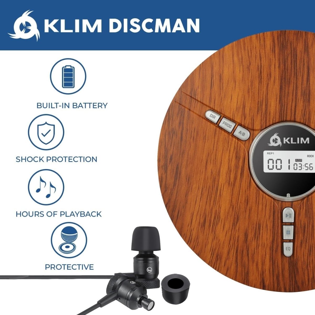 Portable CD Player Discman Wood Rechargeable Anti - Skip w/ Headphones - Kwikley
