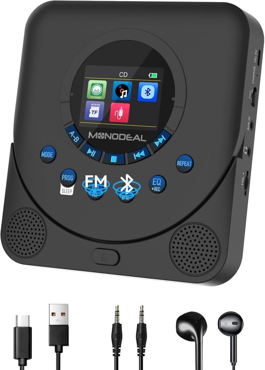 Portable CD Player Dual Stereo w/ Rechargeable Battery TF Card FM Car - Kwikley