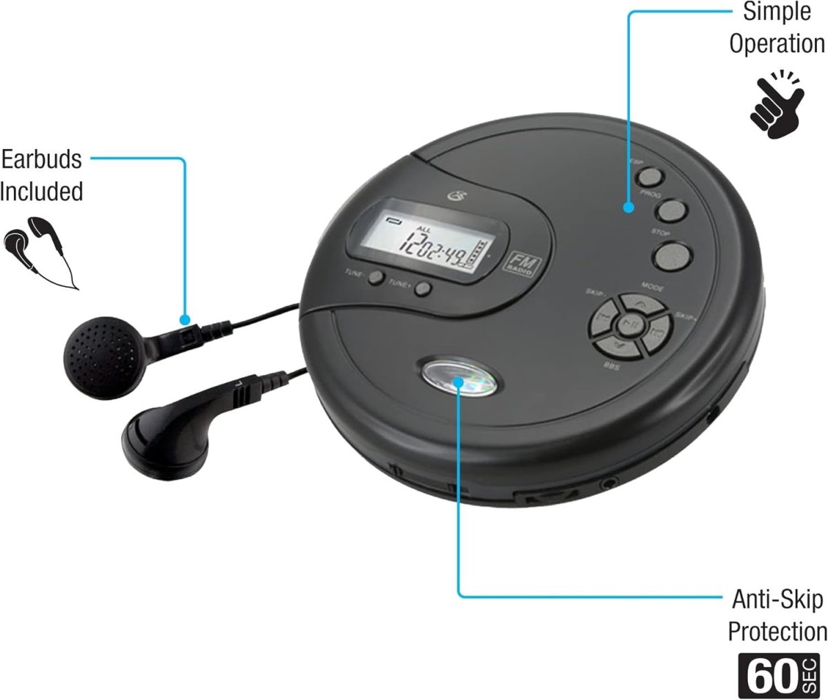 Portable CD Player FM Radio Anti Skip Stereo Earbuds Black AUX - Kwikley