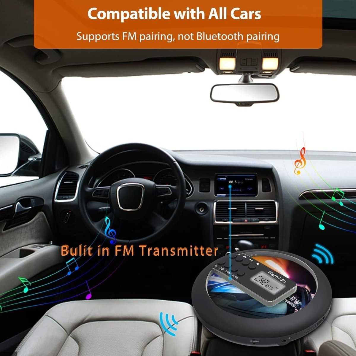 Portable CD Player for Car FM Transmitter Rechargeable Anti Skip - Kwikley