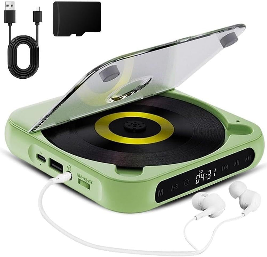 Portable CD Player HiFi Sound Rechargeable Bluetooth AUX Green - Kwikley