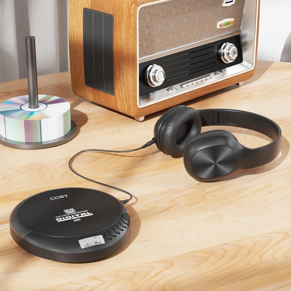 Portable CD Player MP3 FM Radio Anti Skip Stereo Headphones Black - Kwikley