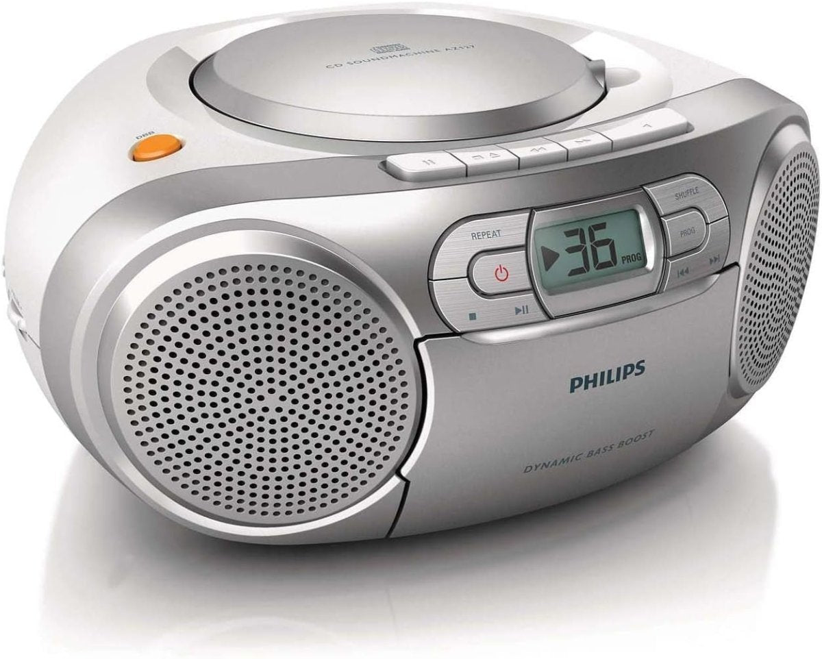 Portable CD Player Radio Cassette Stereo Boombox Audio In Silver - Kwikley