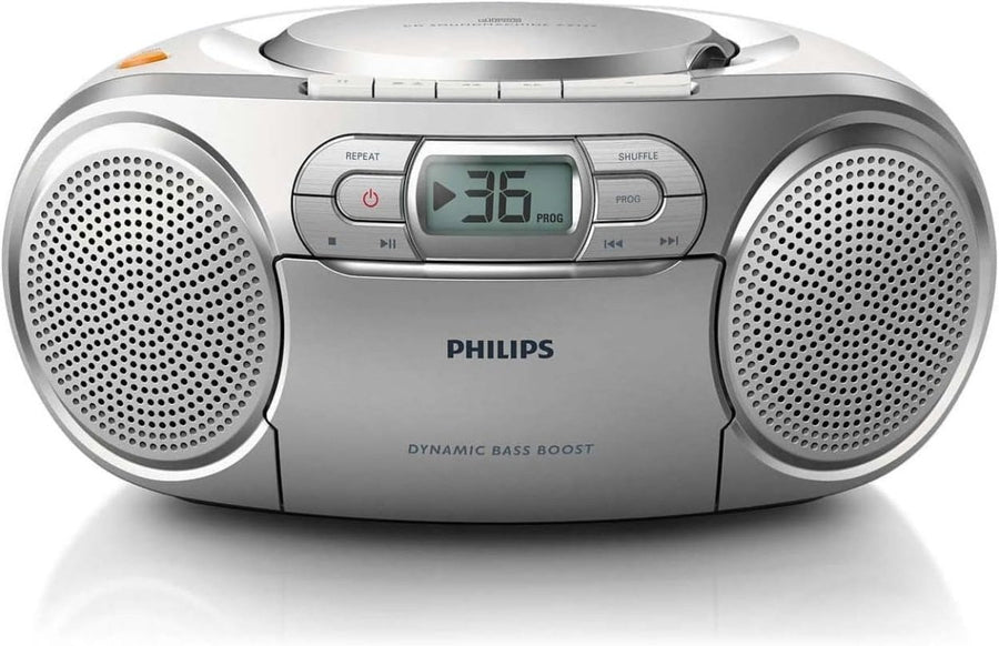 Portable CD Player Radio Cassette Stereo Boombox Audio In Silver - Kwikley