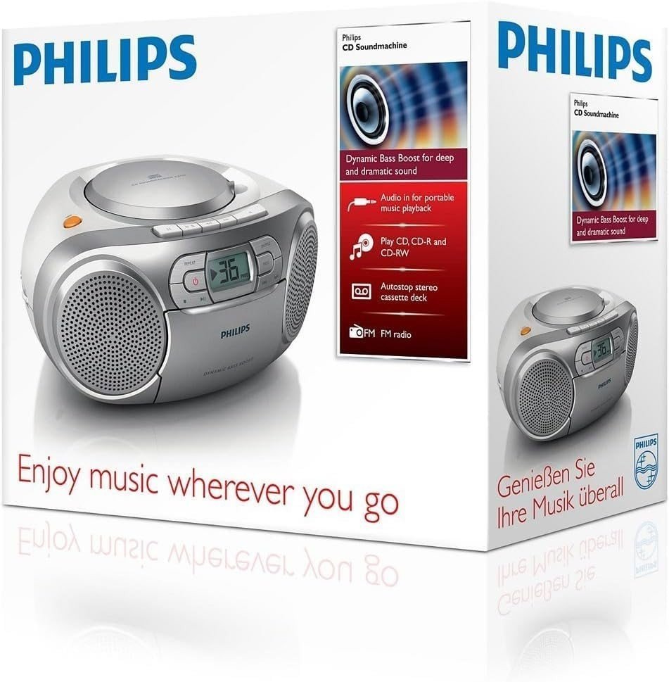 Portable CD Player Radio Cassette Stereo Boombox Audio In Silver - Kwikley