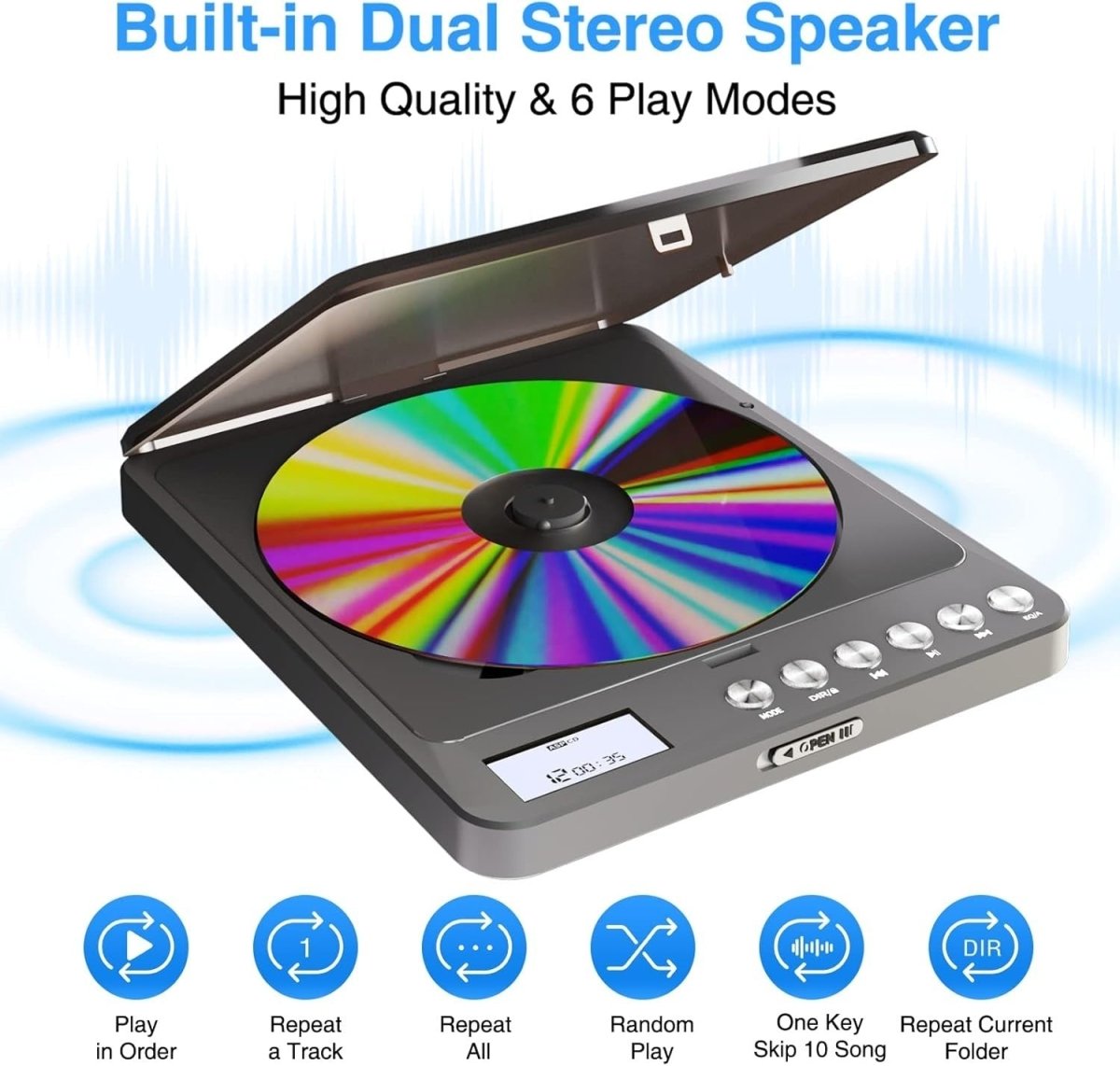 Portable CD Player Rechargeable Anti - Skip Dual Speakers Dual Headphone - Kwikley