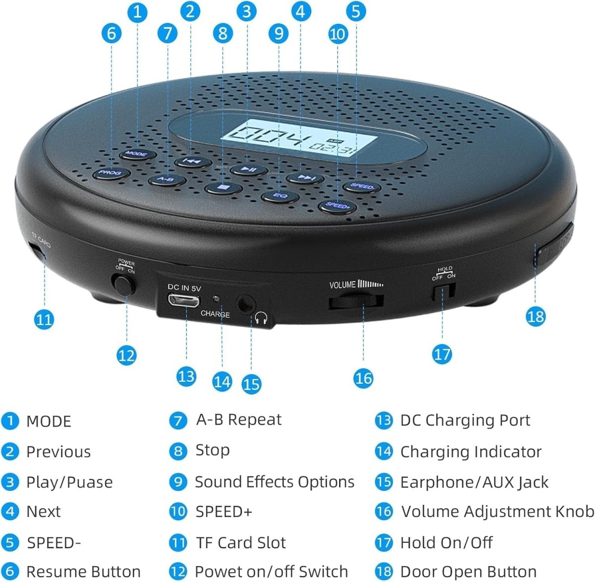Portable CD Player Rechargeable Dual Speakers Anti - Skip AUX w/ Headphones - Kwikley