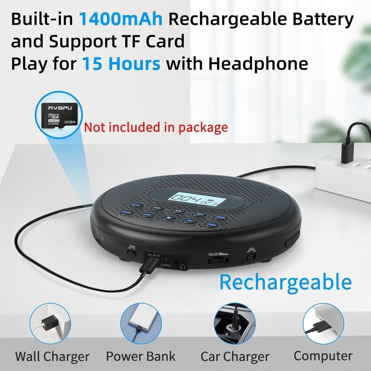 Portable CD Player Rechargeable Dual Speakers Anti - Skip AUX w/ Headphones - Kwikley