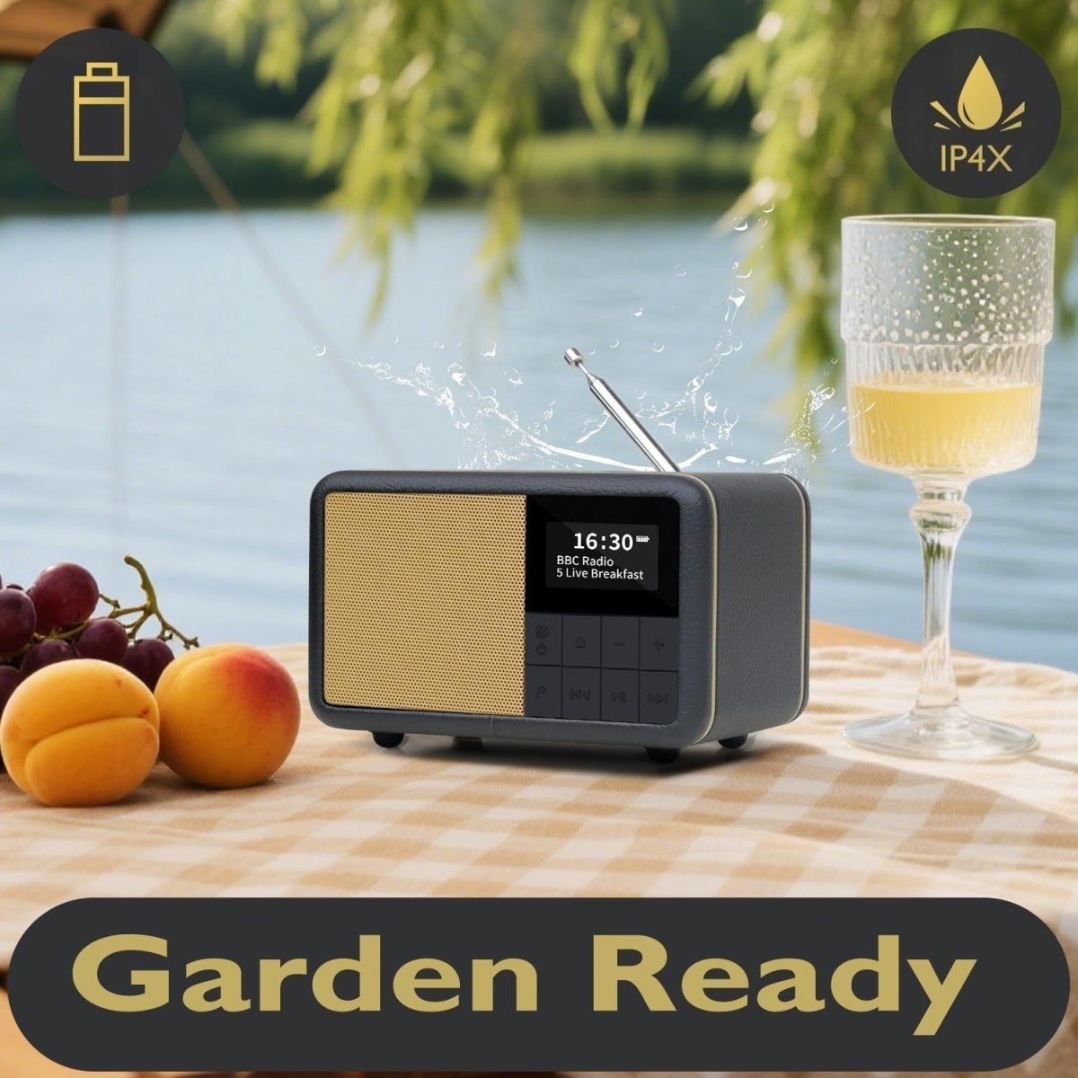 Portable DAB+ FM Radio Alarm Clock Bluetooth Waterproof 12hr Battery – Black - Kwikley