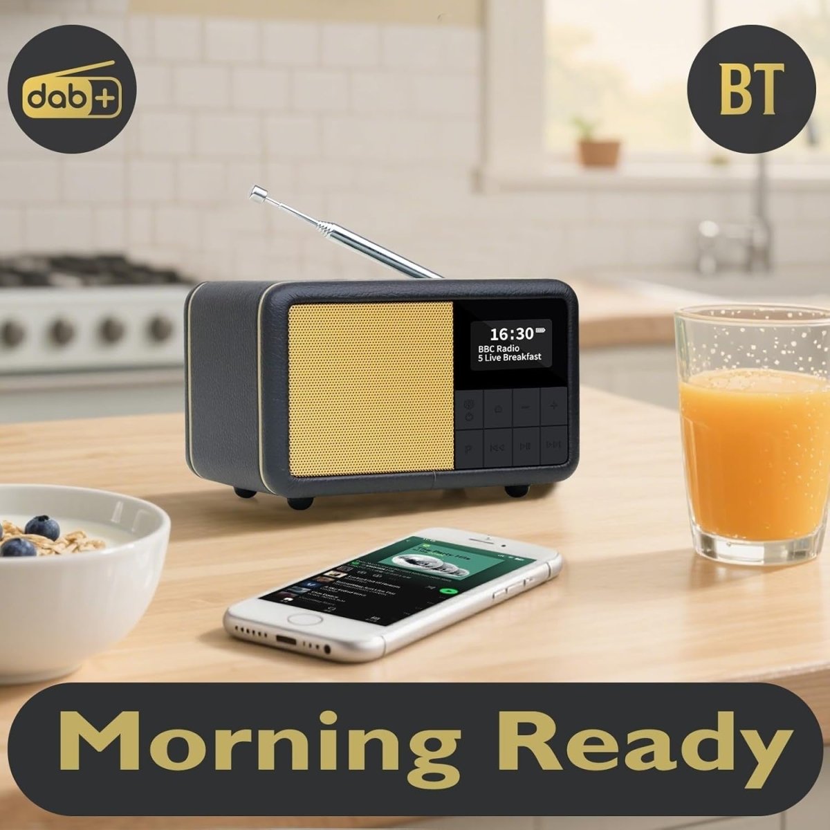 Portable DAB+ FM Radio Alarm Clock Bluetooth Waterproof 12hr Battery – Black - Kwikley