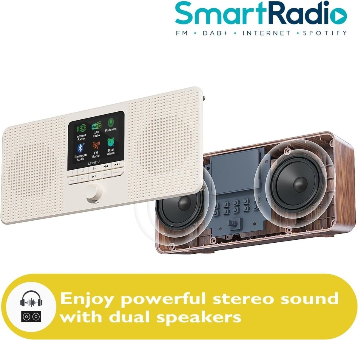 Portable DAB+/FM Internet Radio with WiFi, Bluetooth, Spotify & Alarms - Kwikley