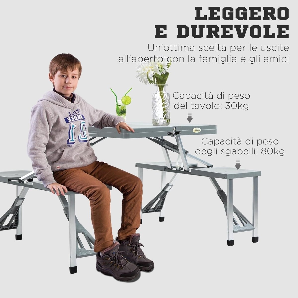 Portable Foldable Picnic Table with Chairs & Umbrella Hole Outdoor Camping - Kwikley