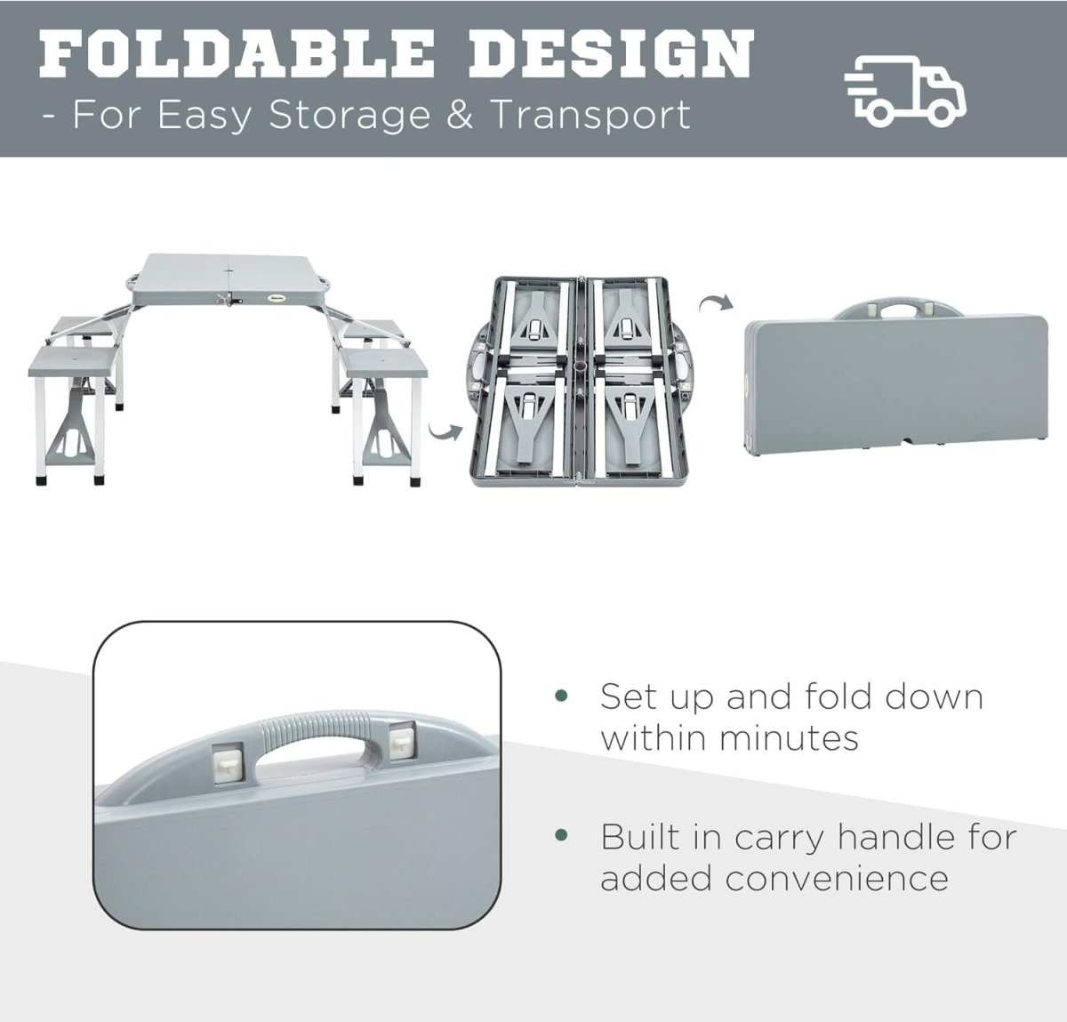 Portable Foldable Picnic Table with Chairs & Umbrella Hole Outdoor Camping - Kwikley