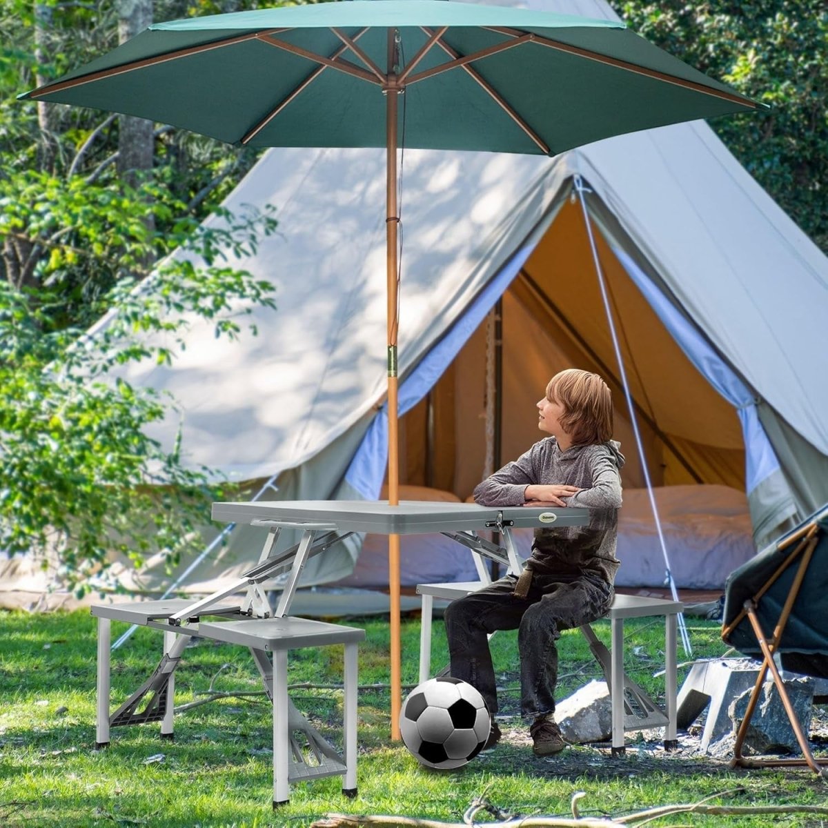 Portable Foldable Picnic Table with Chairs & Umbrella Hole Outdoor Camping - Kwikley