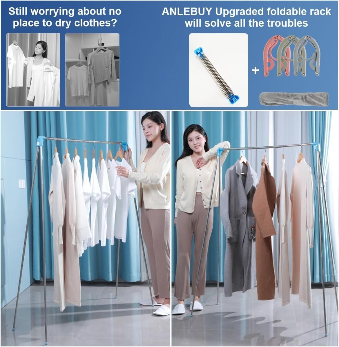 Portable Folding Clothes Rack Travel Collapsible Rail Blue - Kwikley