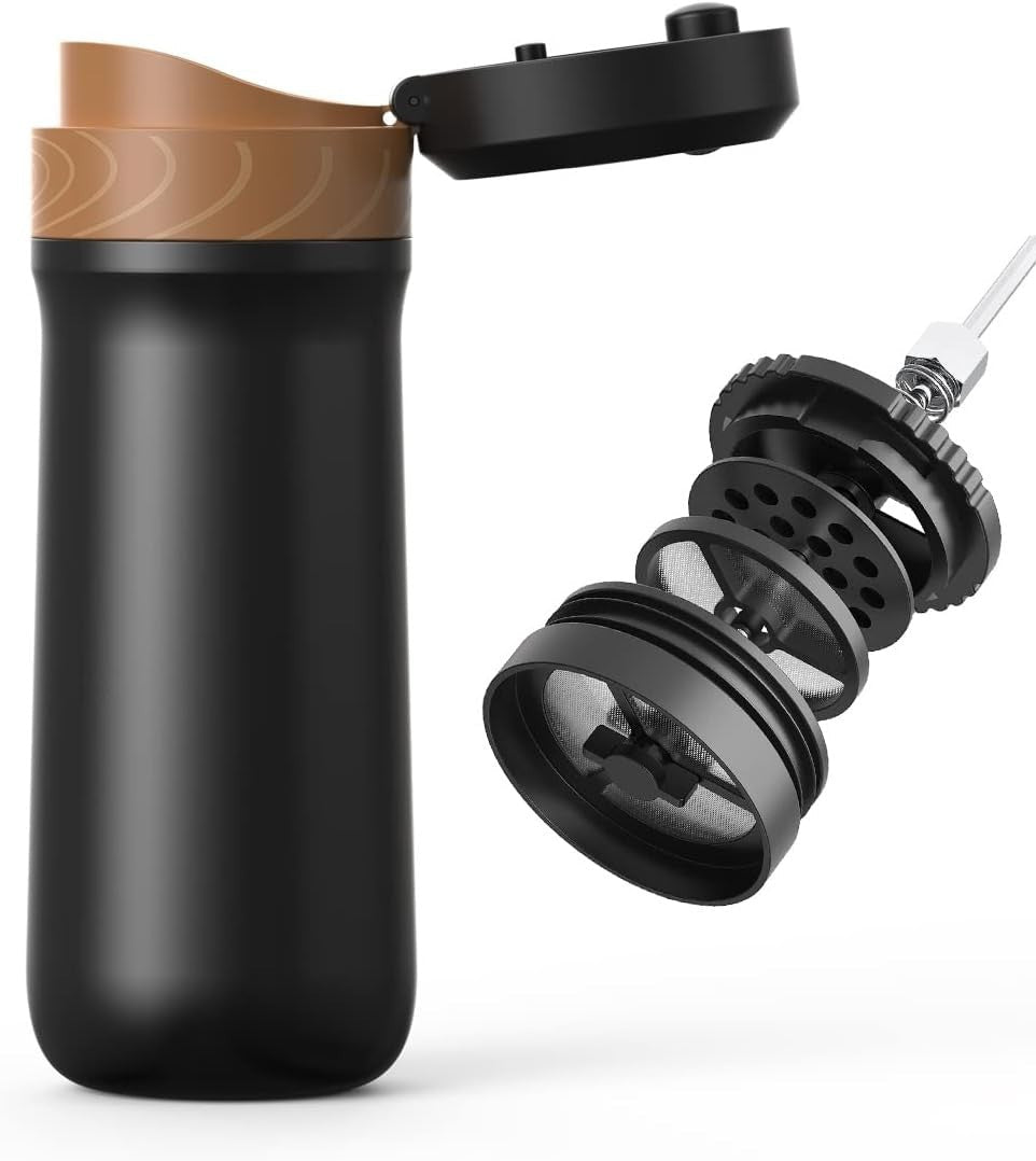 Portable French Press Coffee Maker Travel Mug 320ML Stainless Steel Insulated - Kwikley