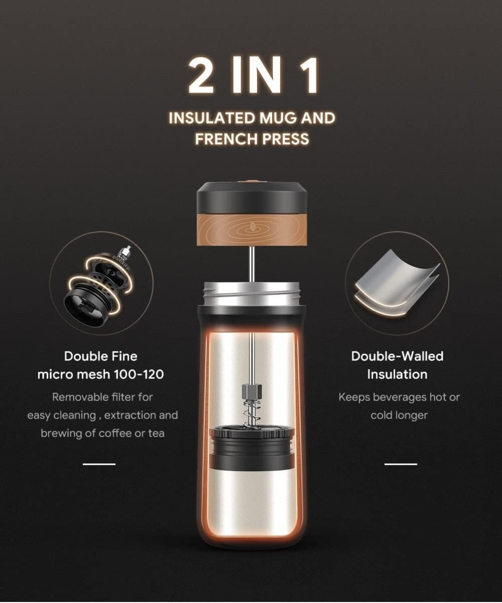 Portable French Press Coffee Maker Travel Mug 320ML Stainless Steel Insulated - Kwikley