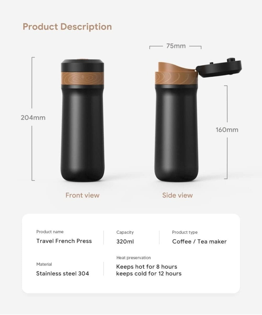 Portable French Press Coffee Maker Travel Mug 320ML Stainless Steel Insulated - Kwikley