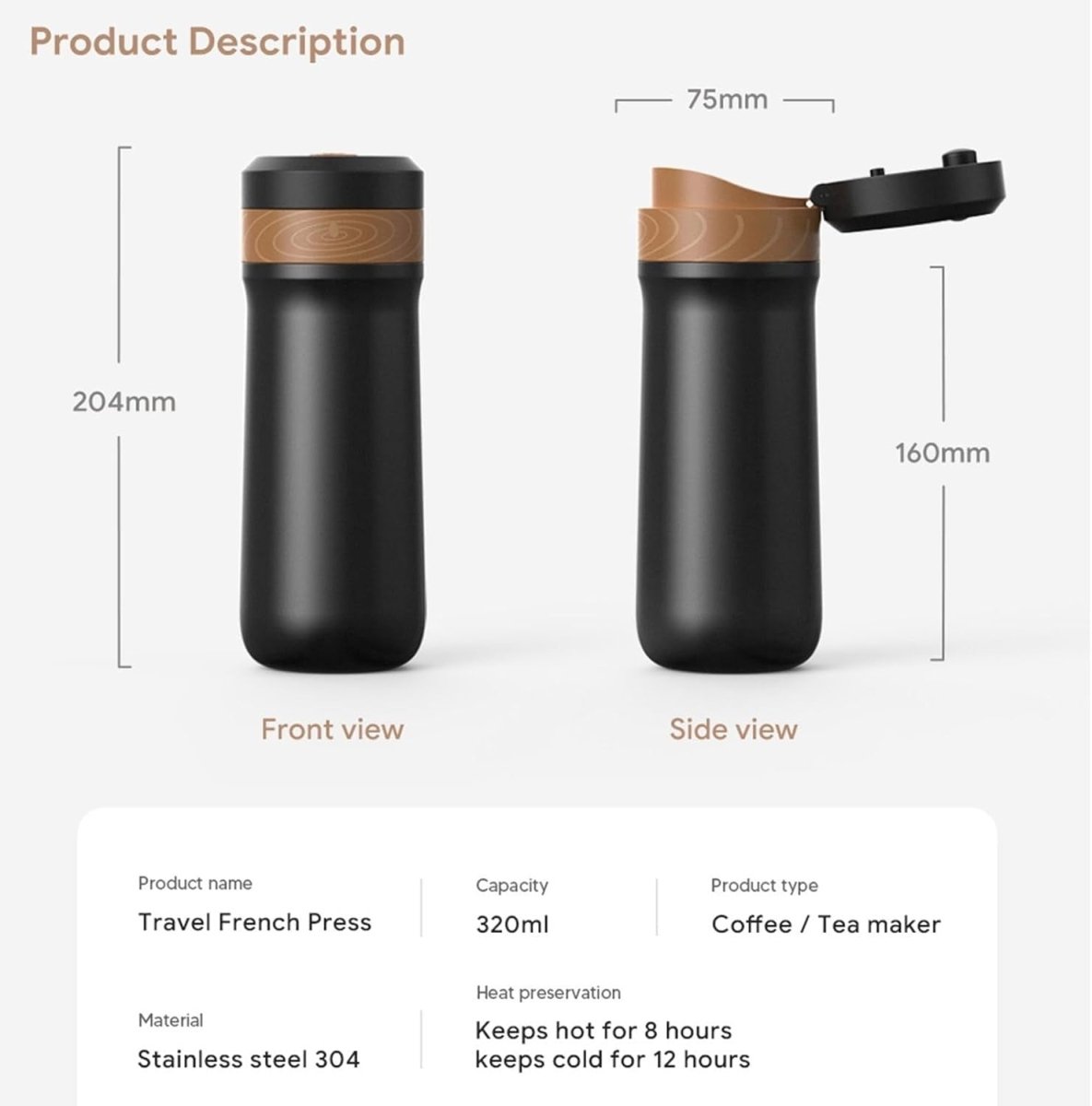 Portable French Press Travel Mug 320ml Double - Wall Stainless Steel Coffee Maker - Kwikley