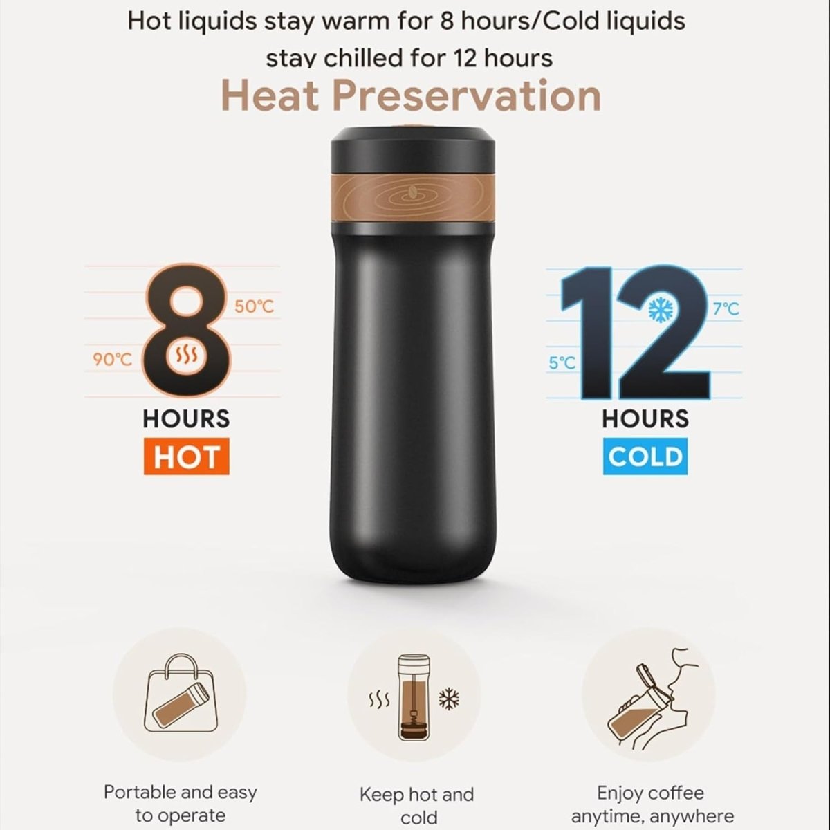 Portable French Press Travel Mug 320ml Double - Wall Stainless Steel Coffee Maker - Kwikley