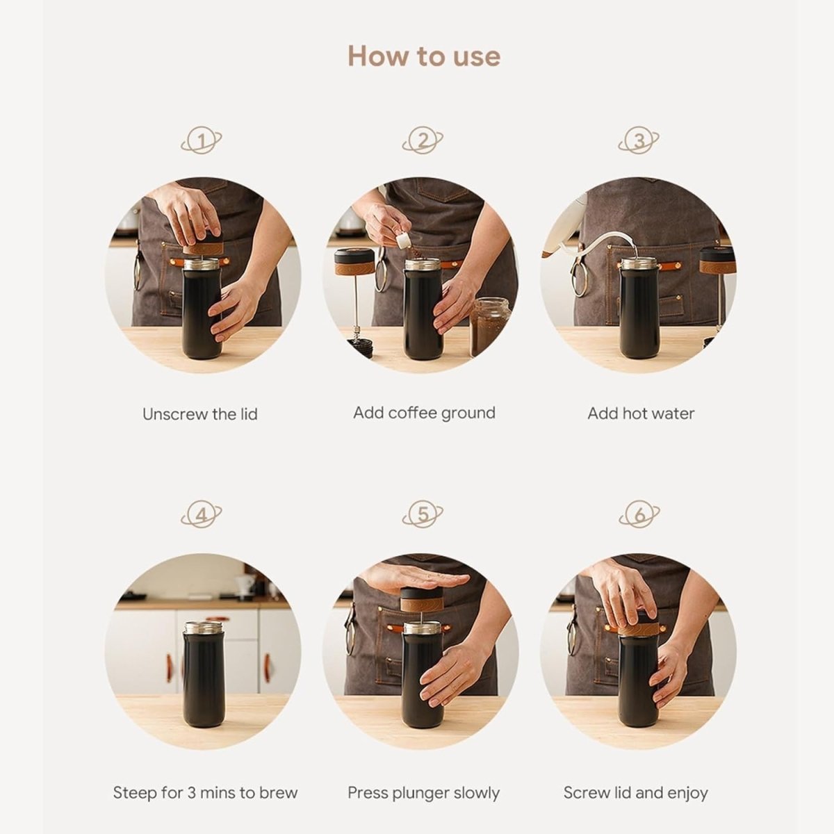 Portable French Press Travel Mug 320ml Double - Wall Stainless Steel Coffee Maker - Kwikley