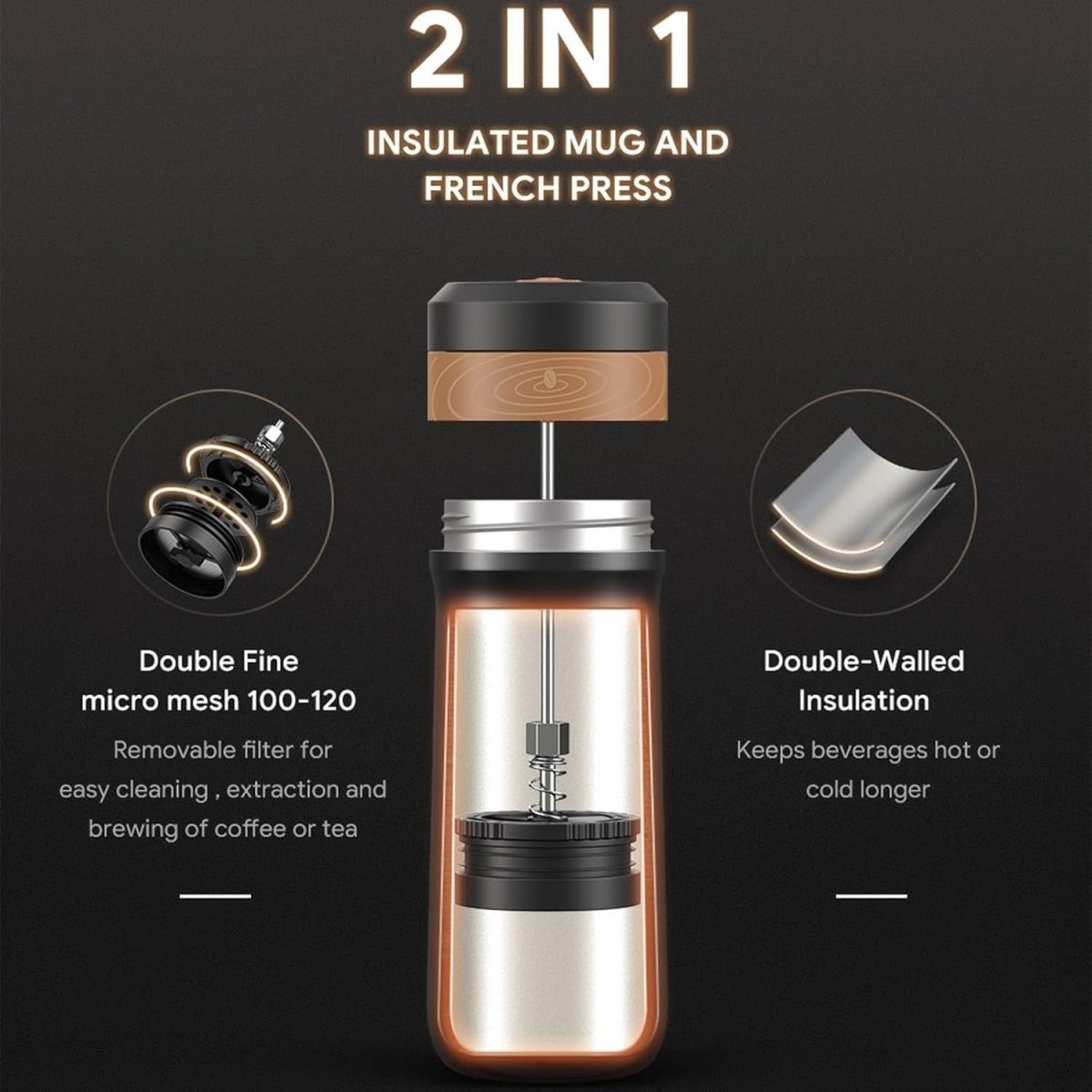 Portable French Press Travel Mug 320ml Double - Wall Stainless Steel Coffee Maker - Kwikley