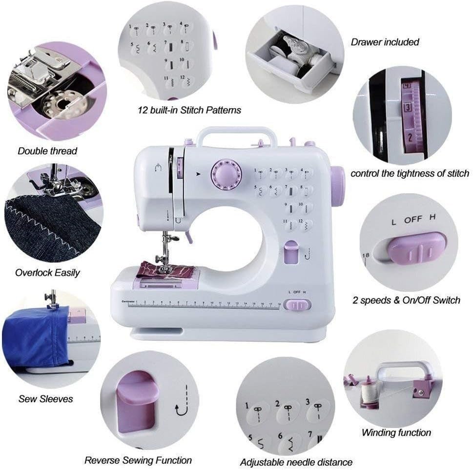 Portable Sewing Machine 12 Stitch Double Thread 2 Speed Reverse Sewing - Kwikley