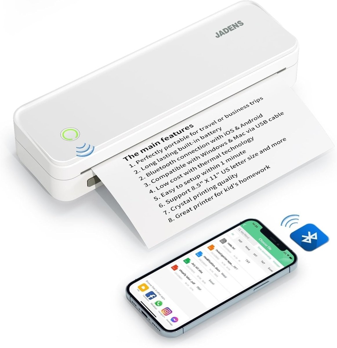 Portable Wireless Thermal Printer White | Inkless, A4, Bluetooth, Travel - Kwikley